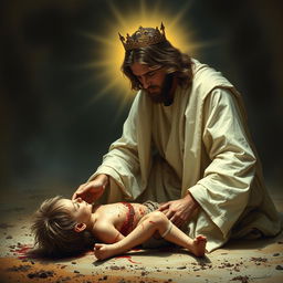 Jesus Christ dressed in white with a crown on his head, helping a dirty and injured child lying on the ground