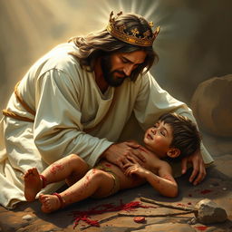 Jesus Christ dressed in white with a crown on his head, helping a dirty and injured child lying on the ground