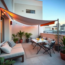 A small terrace designed for relaxation, featuring a cozy chill-out area with comfortable seating and cushions