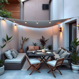 A small terrace designed for relaxation, featuring a cozy chill-out area with comfortable seating and cushions