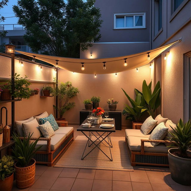 A small terrace designed for relaxation, featuring a cozy chill-out area with comfortable seating and cushions