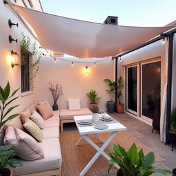 A small terrace designed for relaxation, featuring a cozy chill-out area with comfortable seating and cushions