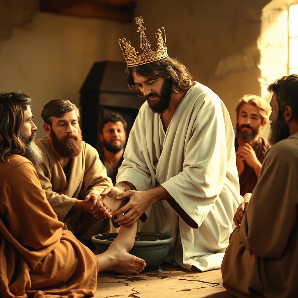 Jesus Christ wearing a crown, humbly washing the feet of his disciples