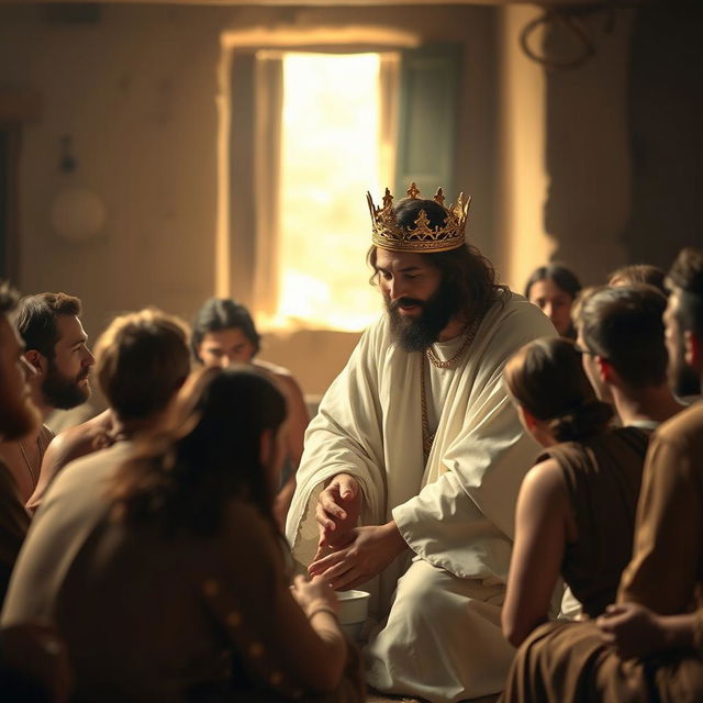 Jesus Christ wearing a crown, humbly washing the feet of his disciples