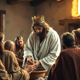 Jesus Christ wearing a crown, humbly washing the feet of his disciples