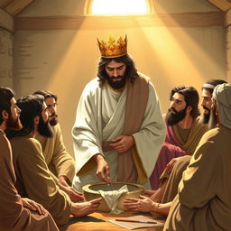 Jesus Christ wearing a crown, humbly washing the feet of his disciples