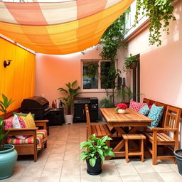 A cozy and vibrant small terrace featuring handmade wooden furniture