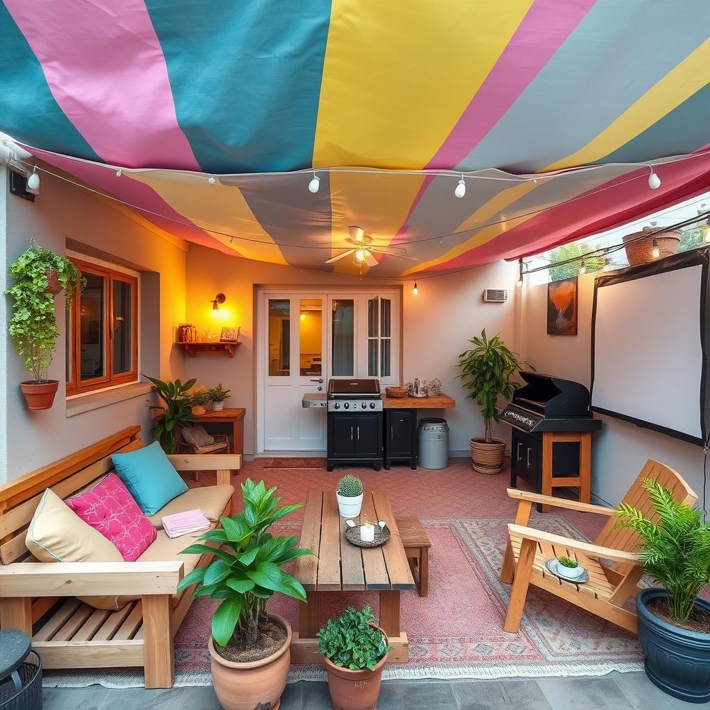 A cozy and vibrant small terrace featuring handmade wooden furniture