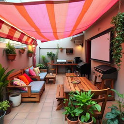 A cozy and vibrant small terrace featuring handmade wooden furniture