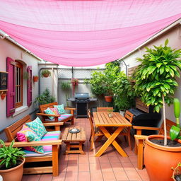 A cozy and vibrant small terrace featuring handmade wooden furniture