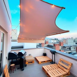 A cozy rooftop terrace with a fabric awning supported by elevated wooden poles on one side