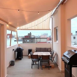 A cozy rooftop terrace with a fabric awning supported by elevated wooden poles on one side