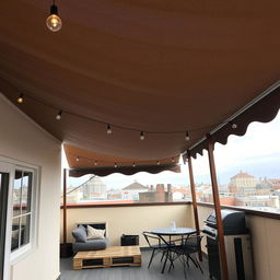 A cozy rooftop terrace with a fabric awning supported by elevated wooden poles on one side