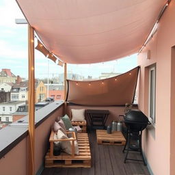 A cozy rooftop terrace with a fabric awning supported by elevated wooden poles on one side