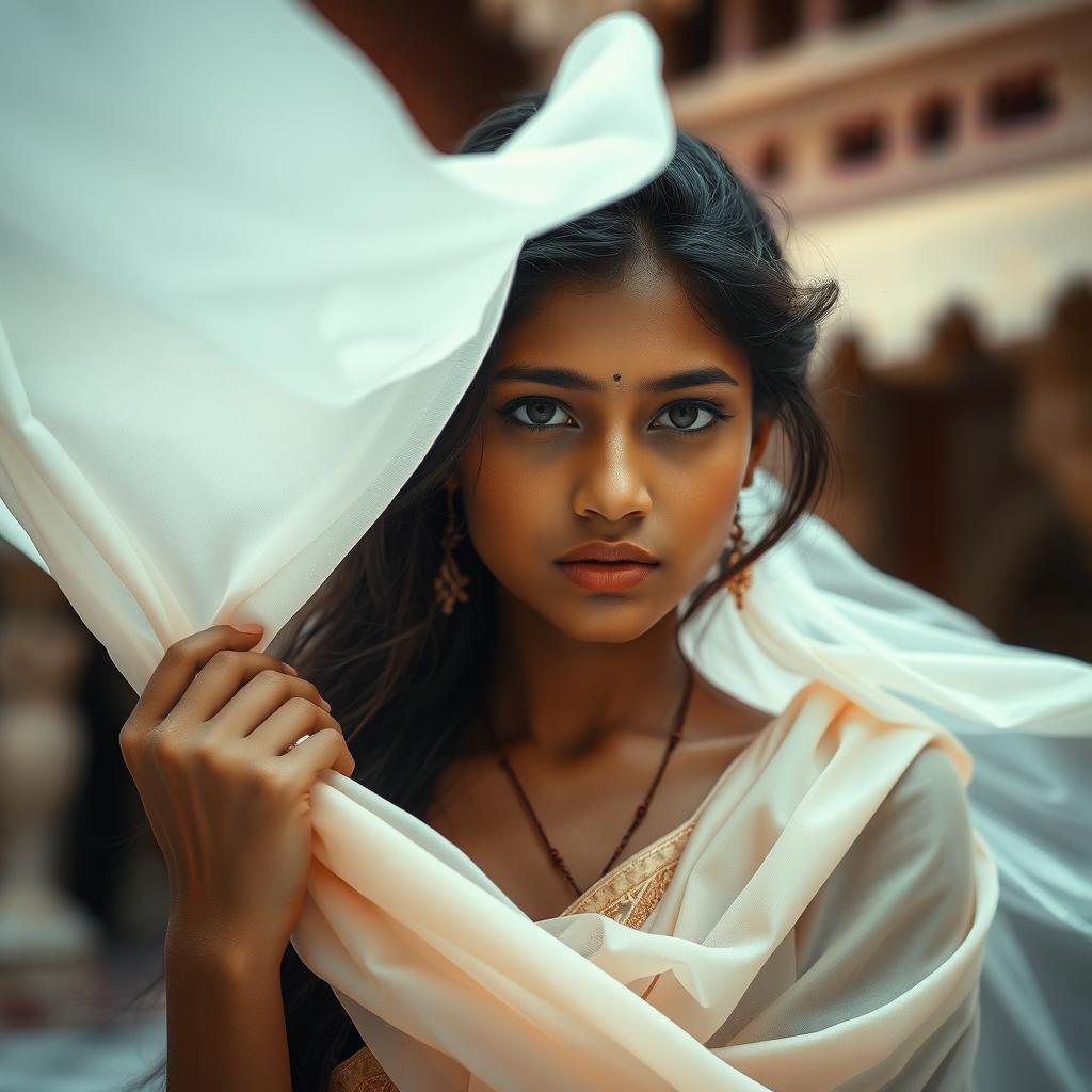 Indian girl with delicate features, posing artistically in an ethereal setting with flowing silk around her, evoking an aura of serenity and grace