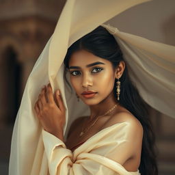 Indian girl with delicate features, posing artistically in an ethereal setting with flowing silk around her, evoking an aura of serenity and grace