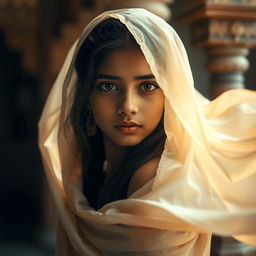 Indian girl with delicate features, posing artistically in an ethereal setting with flowing silk around her, evoking an aura of serenity and grace