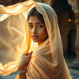 Indian girl with delicate features, posing artistically in an ethereal setting with flowing silk around her, evoking an aura of serenity and grace