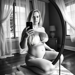 A black and white photo capturing a curvy 40-year-old woman with long straight blonde hair, brown eyes, and a fair complexion