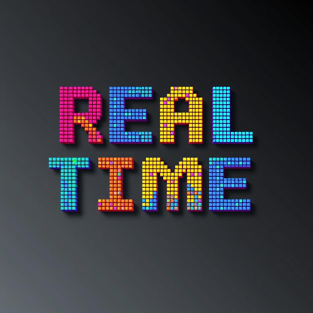 A vibrant, colorful digital artwork that spells out the words 'Real Time' using individual pixels as a mosaic