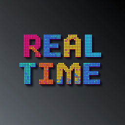 A vibrant, colorful digital artwork that spells out the words 'Real Time' using individual pixels as a mosaic