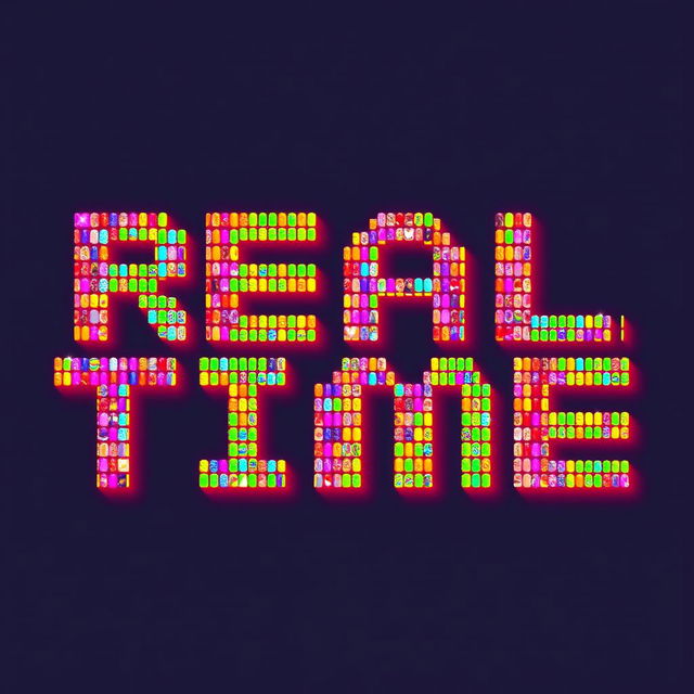 A vibrant, colorful digital artwork that spells out the words 'Real Time' using individual pixels as a mosaic