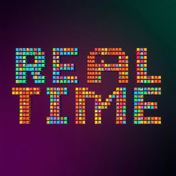 A vibrant, colorful digital artwork that spells out the words 'Real Time' using individual pixels as a mosaic