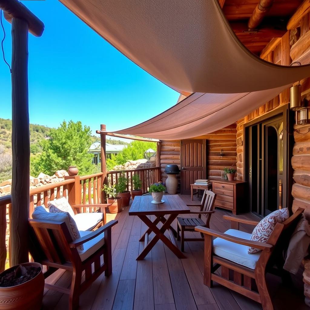 A rustic style terrace featuring a chill-out area, a table with two chairs, and a fabric canopy