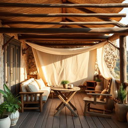 A rustic style terrace featuring a chill-out area, a table with two chairs, and a fabric canopy