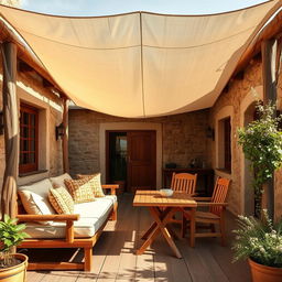 A rustic style terrace featuring a chill-out area, a table with two chairs, and a fabric canopy