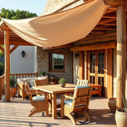 A rustic style terrace featuring a chill-out area, a table with two chairs, and a fabric canopy