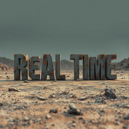 A post-apocalyptic digital artwork that spells out the words 'Real Time' using individual pixels