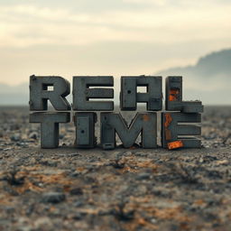 A post-apocalyptic digital artwork that spells out the words 'Real Time' using individual pixels