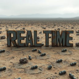 A post-apocalyptic digital artwork that spells out the words 'Real Time' using individual pixels