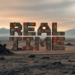 A post-apocalyptic digital artwork that spells out the words 'Real Time' using individual pixels