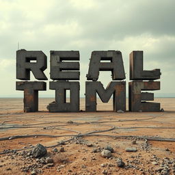 A post-apocalyptic digital artwork that spells out the words 'Real Time' using individual pixels