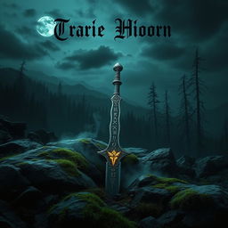 A dark and mystical atmosphere, featuring a central ancient dagger with glowing runes, partially buried in a rocky, moss-covered ground with a light mist floating around