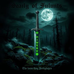 A dark and mystical atmosphere, featuring a central ancient dagger with glowing runes, partially buried in a rocky, moss-covered ground with a light mist floating around