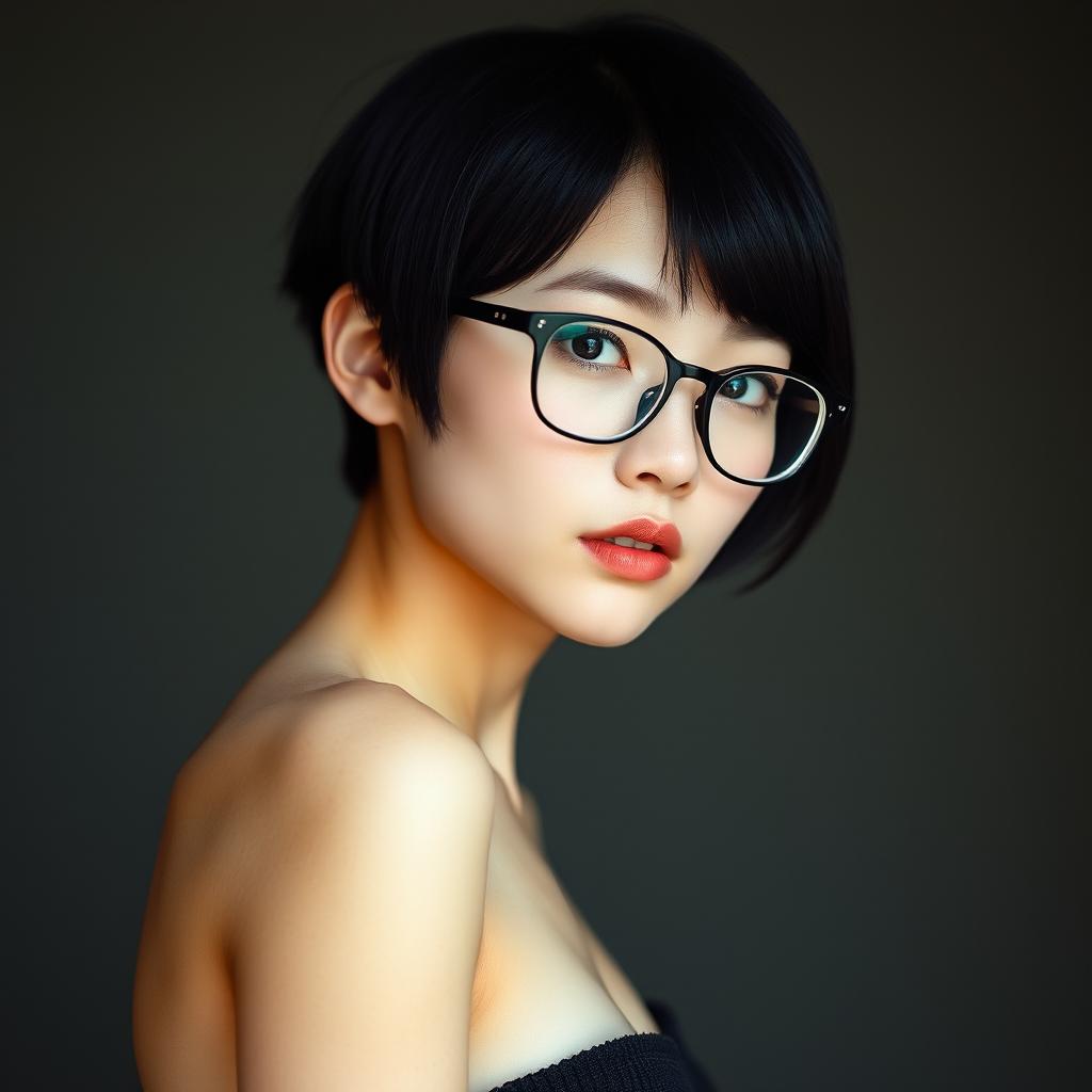 A beautiful girl with black short hair and glasses, showcasing her unique allure