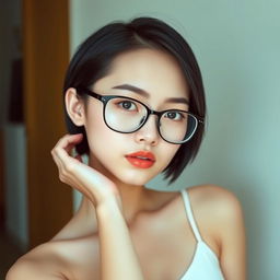 A beautiful girl with black short hair and glasses, showcasing her unique allure