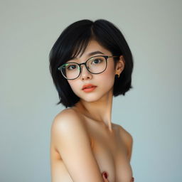 A beautiful girl with black short hair and glasses, showcasing her unique allure