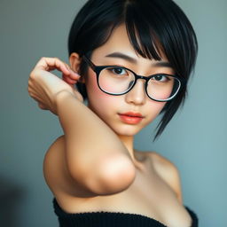 A beautiful girl with black short hair and glasses, showcasing her unique allure