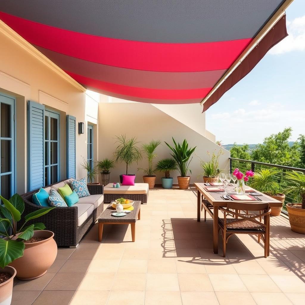 Redesign the terrace with a chill out sofa area featuring colorful cushions and low coffee tables