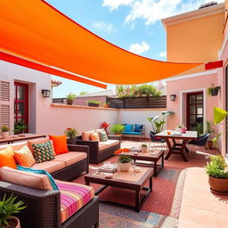 Redesign the terrace with a chill out sofa area featuring colorful cushions and low coffee tables