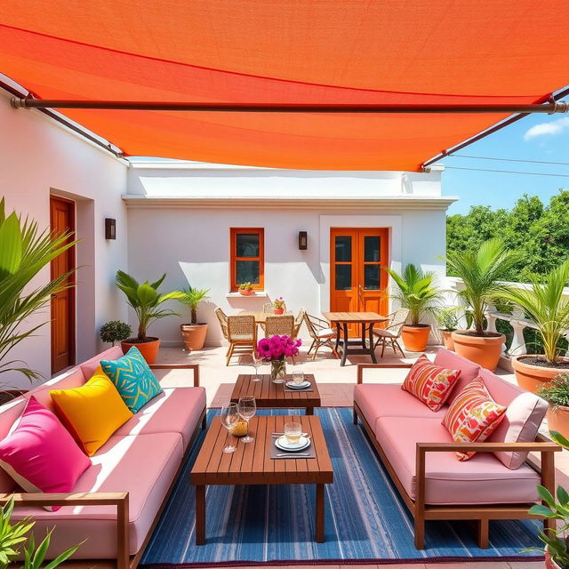 Redesign the terrace with a chill out sofa area featuring colorful cushions and low coffee tables