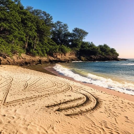 A picturesque beach near the captivating ocean, dotted with some trees, and the symbols '♡︎ R2' inscribed onto the sand.