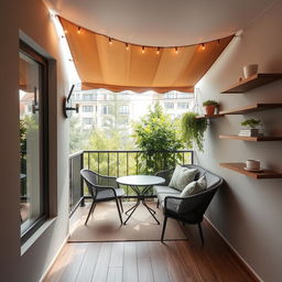 A cozy small terrace featuring a window on the left and a shelf to the right