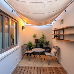 A cozy small terrace featuring a window on the left and a shelf to the right