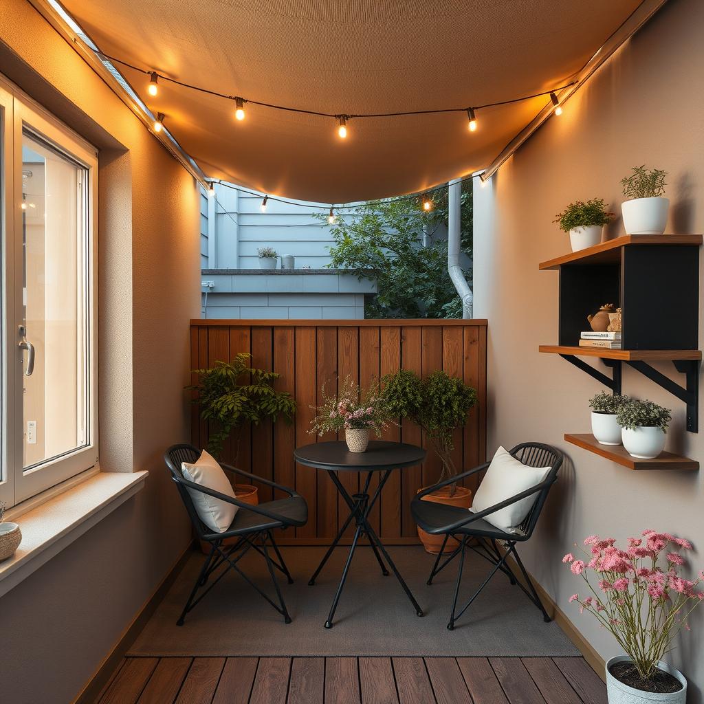 A cozy small terrace featuring a window on the left and a shelf to the right