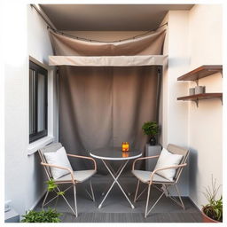 A cozy small terrace featuring a window on the left and a shelf to the right